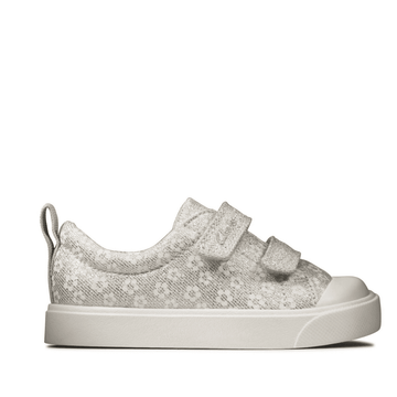 Infant Clarks Girls City Bright Silver Floral Glitter Canvas Shoe - Silver