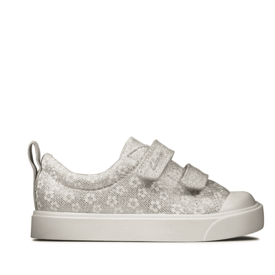 Infant Clarks Girls City Bright Silver Floral Glitter Canvas Shoe - Silver