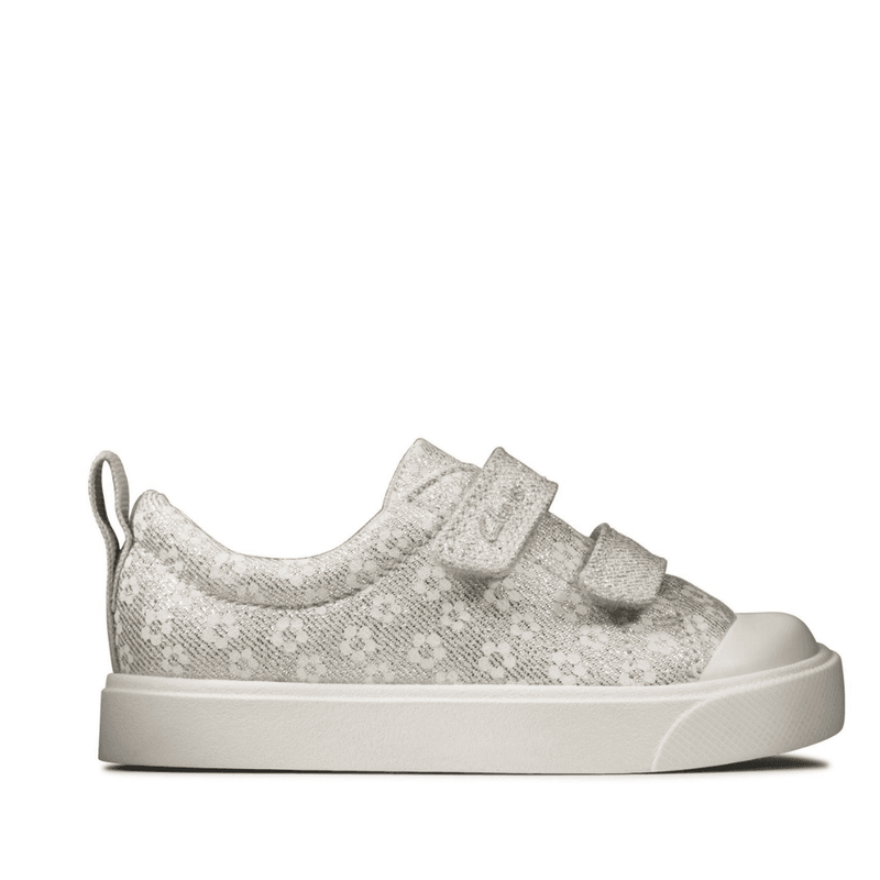 Infant Clarks Girls City Bright Silver Floral Glitter Canvas Shoe - Silver