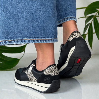 Womens Rieker N1210 Black with Leopard Side Zip Trainers - Black Leopard