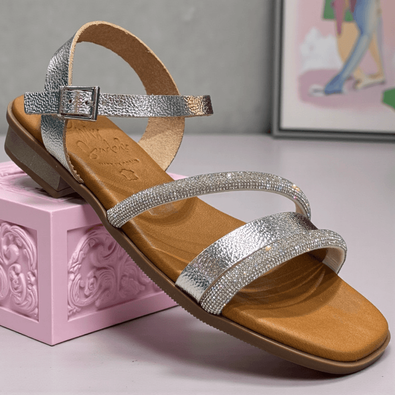 Womens Oh My Sandals 5871 Diamante Strap Flat Sandals - Silver