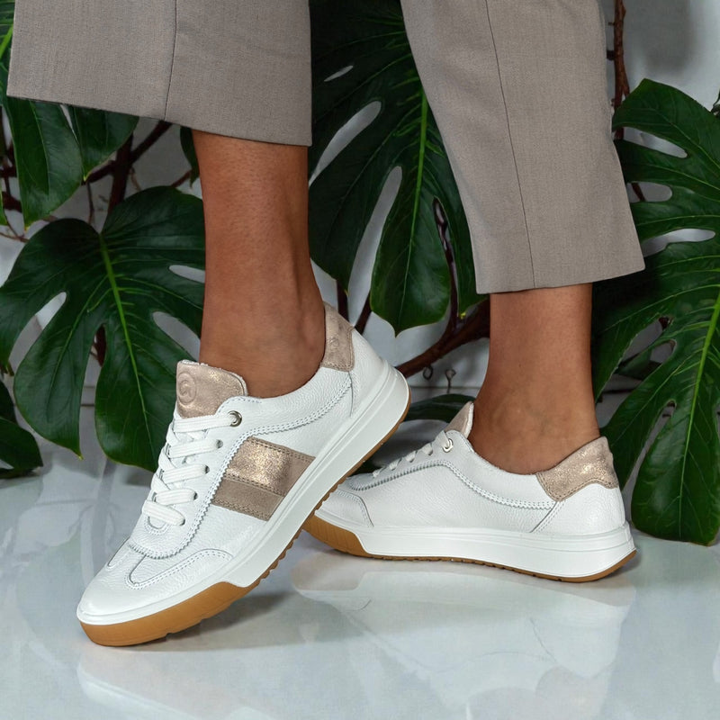 Womens Ara Rom White and Gold Leather Side Zip Trainers - White Gold