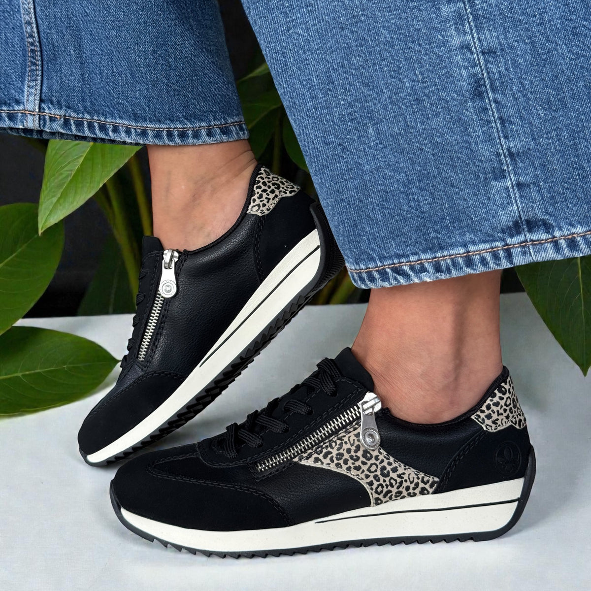 Womens Rieker N1210 Black with Leopard Side Zip Trainers
