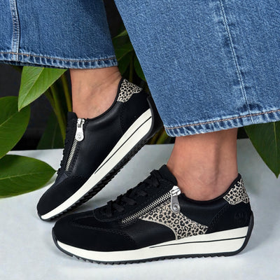 Womens Rieker N1210 Black with Leopard Side Zip Trainers - Black Leopard