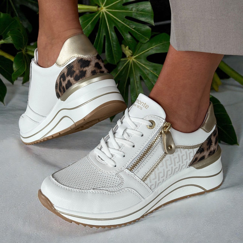 Womens Remonte D0T10 White Multi Side Zip Wedge Trainers - White Gold Leopard