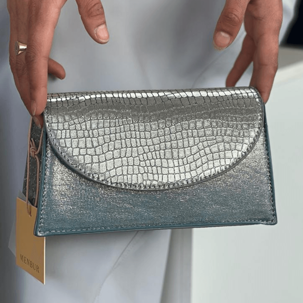 Womens Menbur Corona A Blue Shimmer Croc Print Handbag