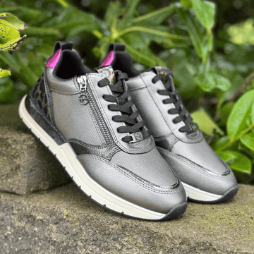 Womens Tamaris 23732 Wedge Side Zip Monogram Trainers - Pewter Combi