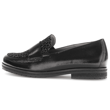 Womens Gabor 72.042 Black Patent Leopard Print Tongue Loafers - Black Patent