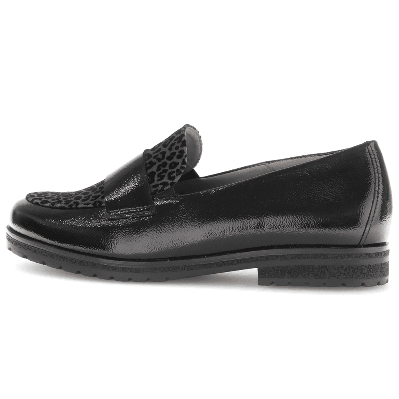 Womens Gabor 72.042 Black Patent Leopard Print Tongue Loafers - Black Patent