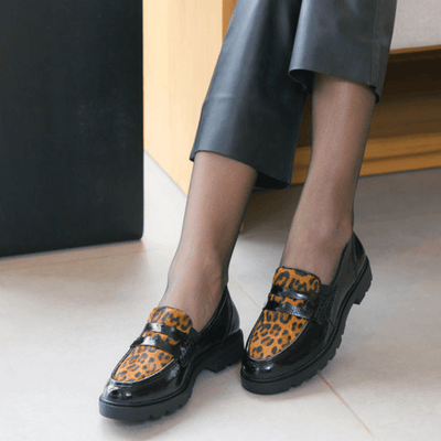 Womens Remonte D2Q02 Black Patent with Leopard Tongue Loafers - Black Patent