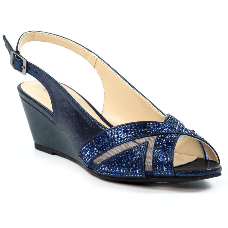 Womens Lunar Emmerline Navy Diamante Peep-Toe Wedge Heels - Navy