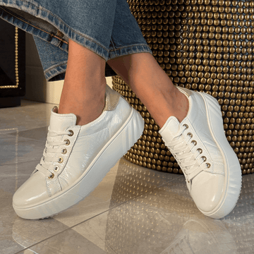 Womens Ara Monaco Platform Sole Leather Trainers - White Patent and Gold