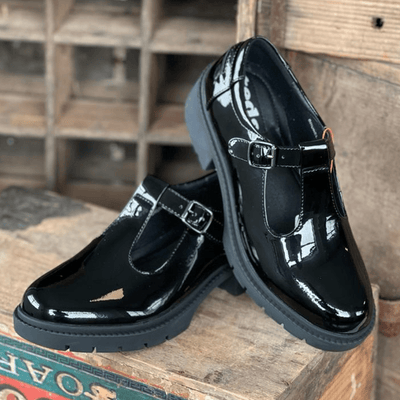 Girls Teds Brunel Black Patent T-Bar School Shoes - Black Patent