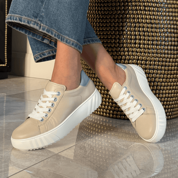 Womens Ara Monaco Platform Sole Leather Trainers - Beige and Blue