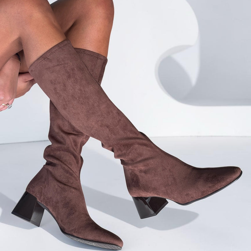 Womens Miss Elastic 75435 Suede Stretch Long Boots - Marron Brown