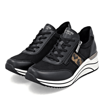Womens Remonte D0T09 Black with Leopard Wedge Side Zip Trainers - Black Combi