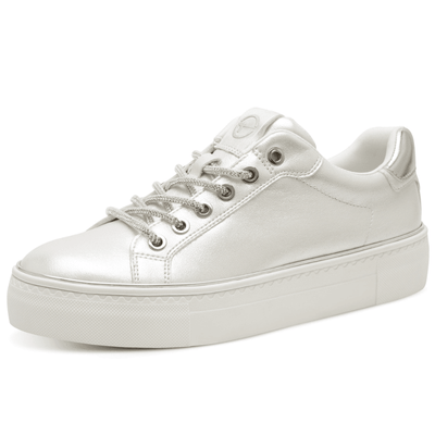 Womens Tamaris 23751 Pearl White with Diamante Lace Trainers - White Pearl