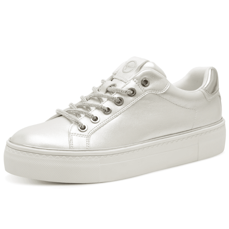 Womens Tamaris 23751 Pearl White with Diamante Lace Trainers - White Pearl