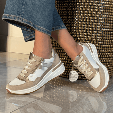 Womens Ara Garda White Beige and Gold Side Zip Wedge Trainers - White Beige and Gold