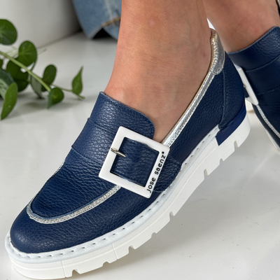 Womens Jose Saenz 2017 Navy And Silver Buckle Detail Loafer - Navy And Silver