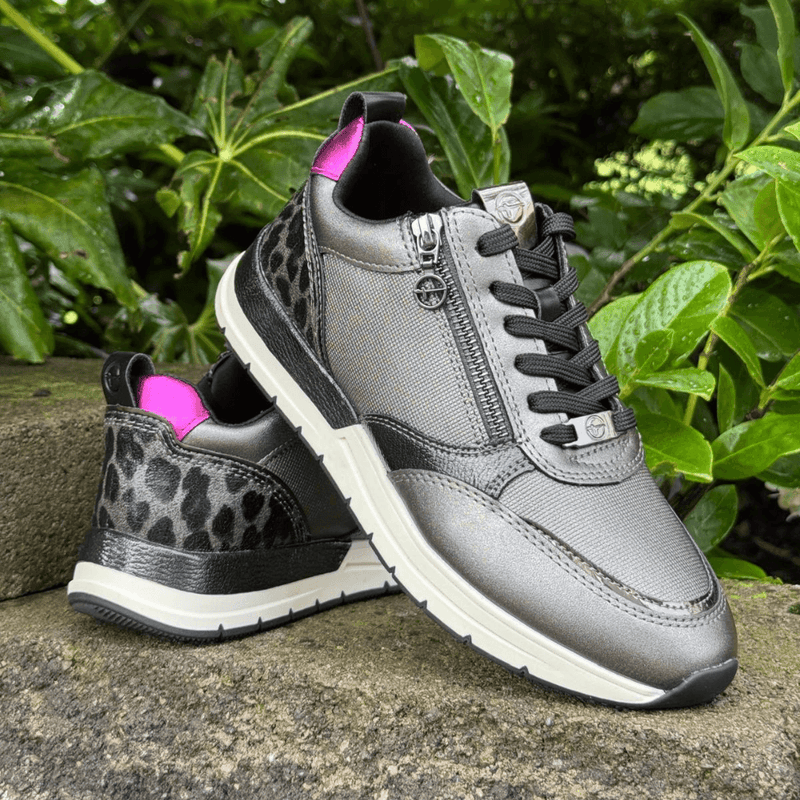 Womens Tamaris 23732 Wedge Side Zip Monogram Trainers - Pewter Combi