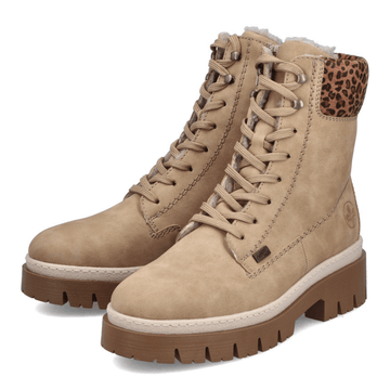 Womens Rieker Z9430 Beige with Leopard Cuff Water Resistant Ankle Boots - Beige Gold