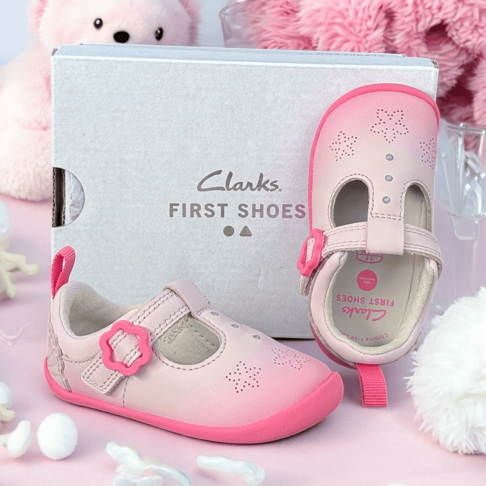 Infant Girls Clarks Roamer Shell Pink Ombre T-Bar Pre Walker Shoes