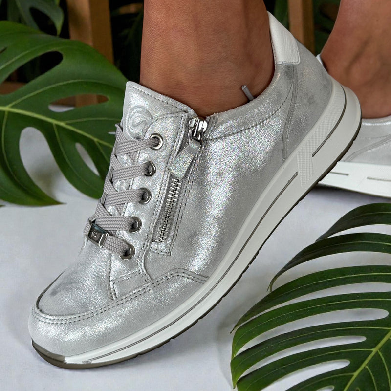 Womens Ara Osaka Silver and White Metallic Lace and Side Zip Trainers - Dusty White