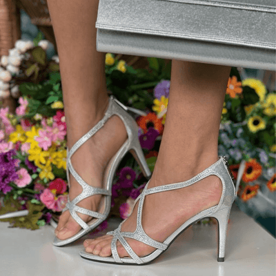 Womens Glamour Amy Strappy Diamante High Heels - Silver