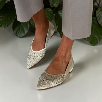 Womens Tamaris 22156 Diamante Pointed Toe Flat Loafers - Pearl