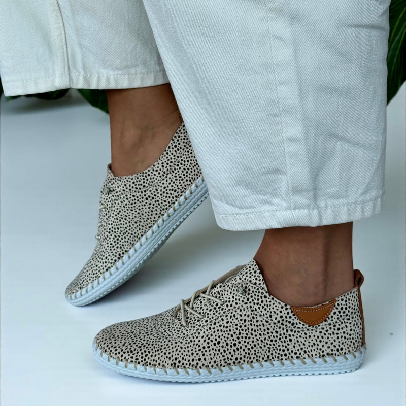 Womens Lunar St Ives Animal Print Leather Elastic Lace Plimsoles - Animal