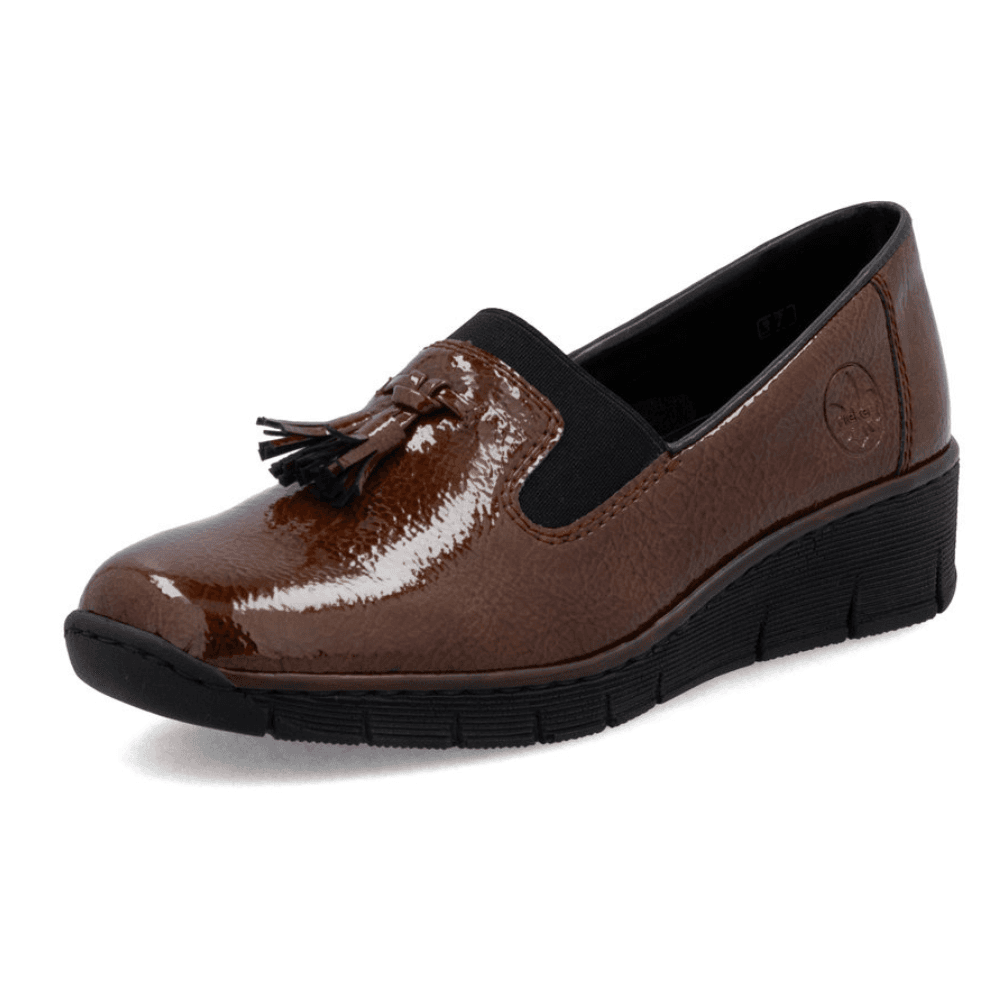 Womens Rieker 53751 Brown Patent Tassel Wedge Shoes