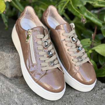 Womens Rieker M7702 Patent Side Zip Trainers- Fango Sand - Beige Gold