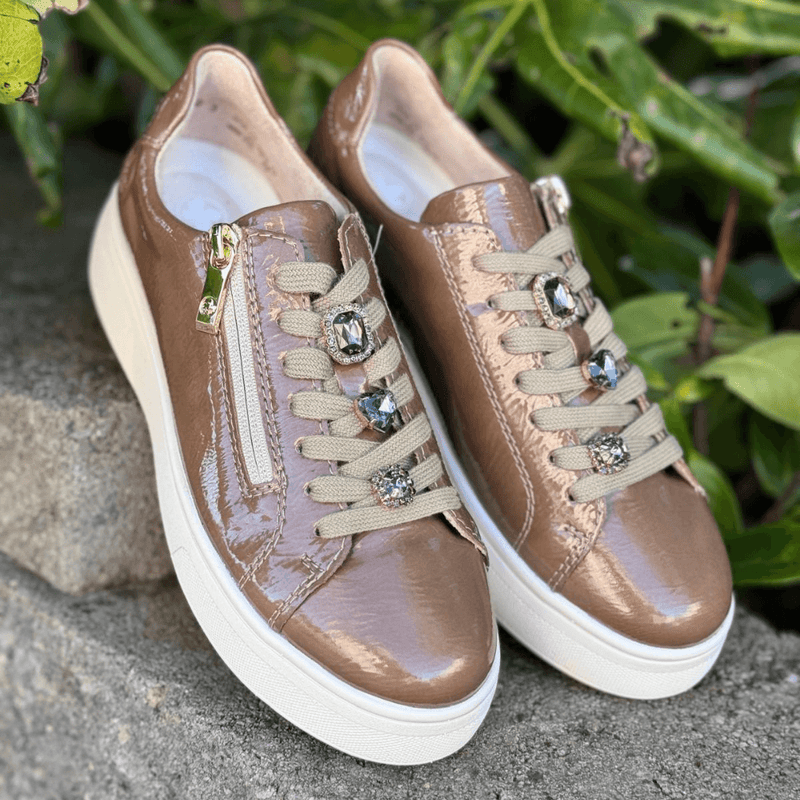 Womens Rieker M7702 Patent Side Zip Trainers- Fango Sand - Beige Gold