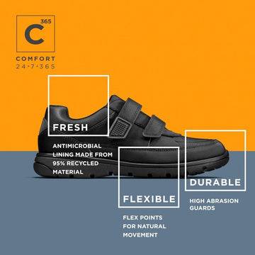 Junior Clarks Venture Walk Boys Velcro School Shoe - Black Leather - Black