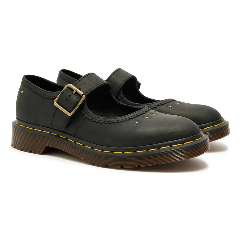 Womens Dr. Martens Mary Jane Flower Black Crazy Horse Leather Casual Shoes - Black