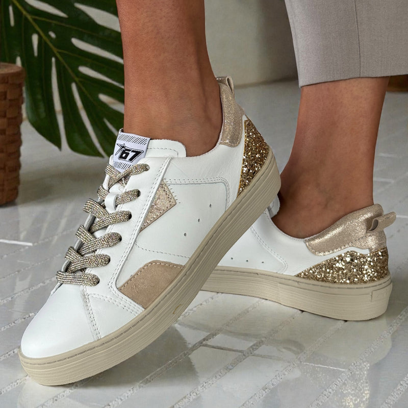 Womens Tamaris 23706 White with Gold Glitter Heel Trainers - White