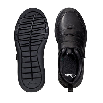 Junior Clarks Scape Sky Boys Velcro School Shoe - Black Leather - Black