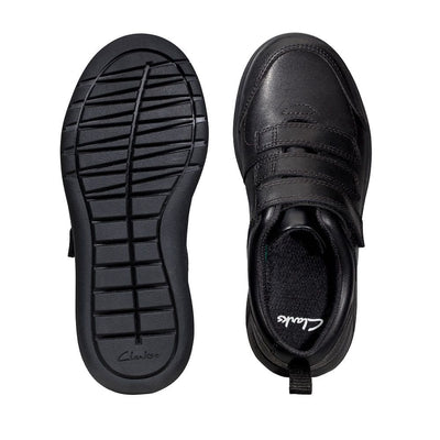 Junior Clarks Scape Sky Boys Velcro School Shoe - Black Leather - Black