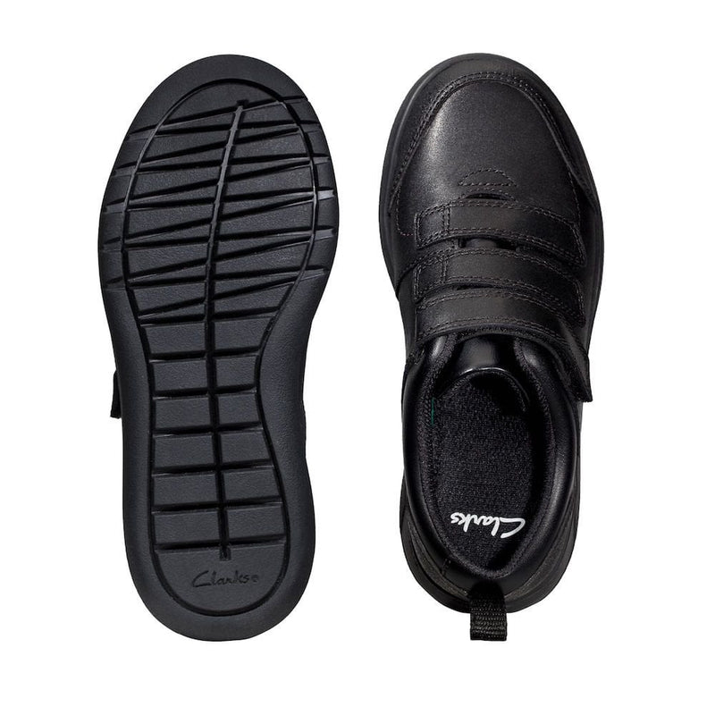 Clarks Scape Sky Boys Velcro School Shoe - Black Leather - Black