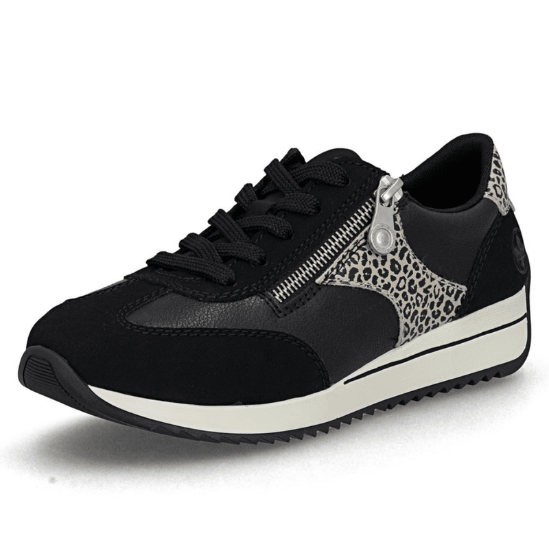 Womens Rieker N1210 Black with Leopard Side Zip Trainers - Black Leopard