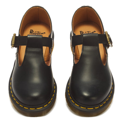 Girls Dr Martens Polly Smooth Leather Black Mary Jane School Shoes - Black