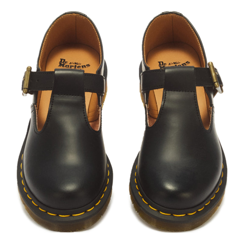 Girls Dr Martens Polly Smooth Leather Black Mary Jane School Shoes - Black