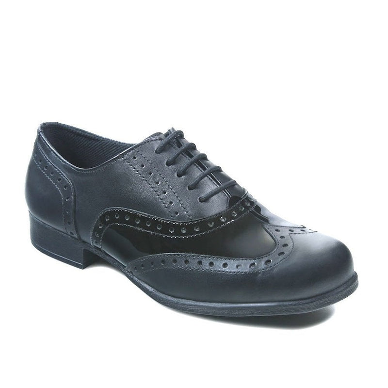 Term Girls Bella Black Patent & Leather Brogue School Shoes - Patent And Leather Mix