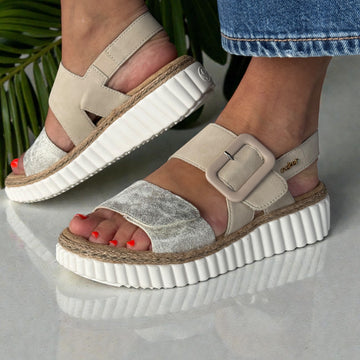 Womens Rieker 69260 Beige and Gold Shimmer Velcro Strap Sandals - Beige