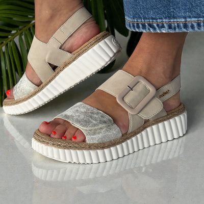 Womens Rieker 69260 Beige and Gold Shimmer Velcro Strap Sandals - Beige