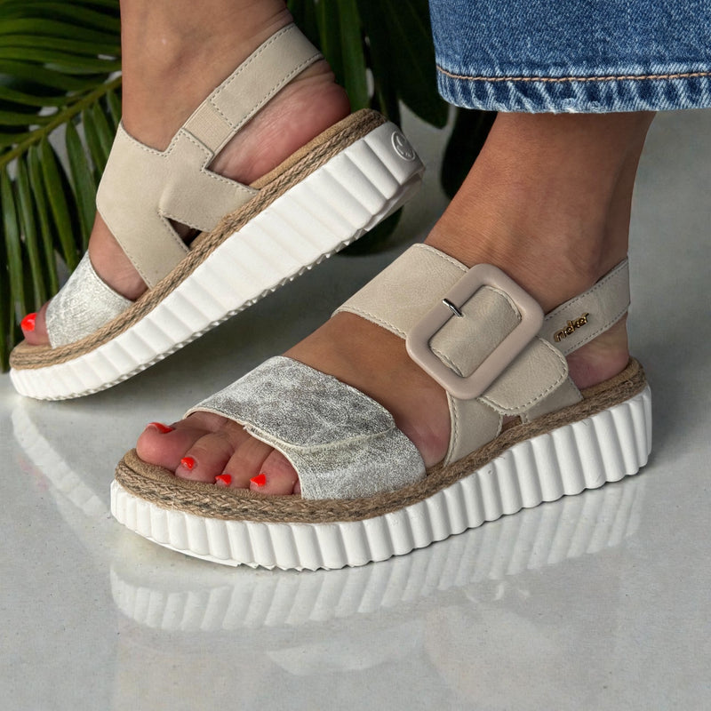 Womens Rieker 69260 Beige and Gold Shimmer Velcro Strap Sandals - Beige