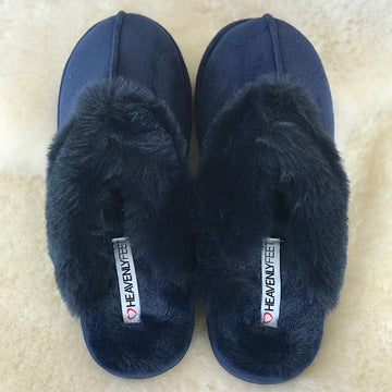 Womens Heavenly Feet Fireside Fur Mule Slippers - Navy