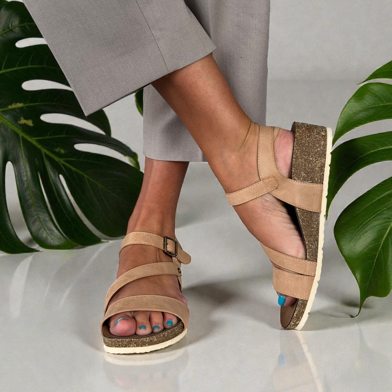Womens Lunar JLH358 Beige Wedge Cluster Sandals - Tan