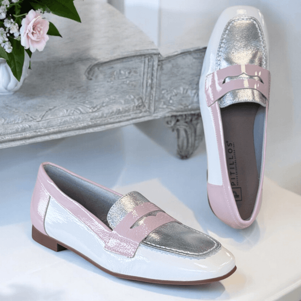 Womens Pitillos 10472 White and Pink Tongue Loafers - White